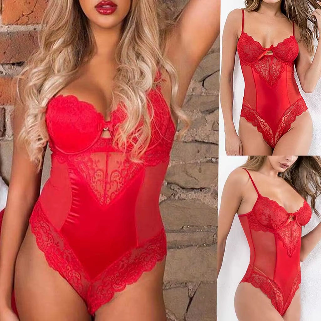 Women Naughty Jumpsuit Sexy Lingerie Lace Bodysuit Sleeveless Backless Porn Underwear Bow Red Mesh See through Teddy Babydoll